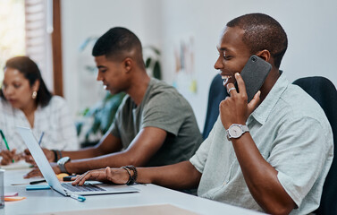 Canvas Print - Man, phone call and laptop for report in office, campaign consultant and networking target audience. Male person, talking and online for public engagement research, media and coworking workplace