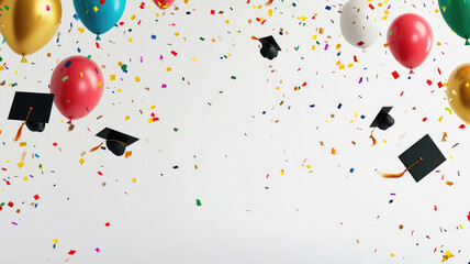 background of falling graduation caps with confetti and balloons on white, high quality image