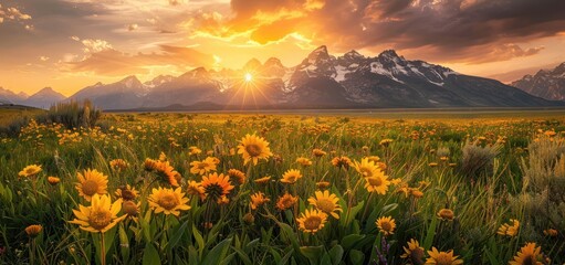 Wall Mural - Golden Sunset Over Majestic Mountains