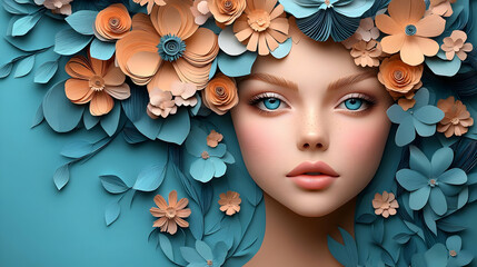 Canvas Print - A woman with blue eyes and freckles surrounded by paper flowers.