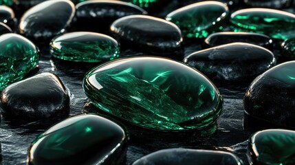 Wall Mural - Emerald liquid flowing gracefully over polished black stones, with gentle light reflections creating a calm, opulent atmosphere.