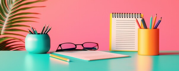 Wall Mural - Colorful Minimalist Desk Setup with Notebook, Pencils, and Glasses.