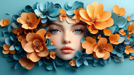 Wall Mural - A woman's face framed by colorful paper flowers.