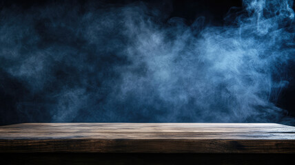 Wall Mural - empty wooden table with smoke float up on dark background, detailed hyper realistic image