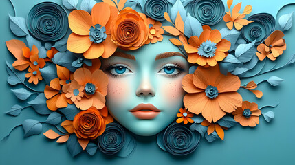 Wall Mural - A woman's face framed by paper flowers and leaves.