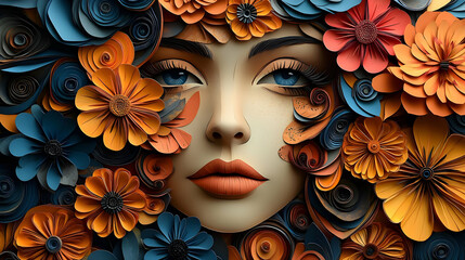 Poster - A woman's face is surrounded by paper flowers, a creative and artistic design.