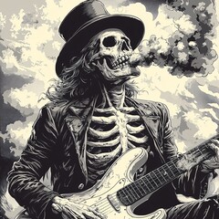 A smoking skeleton rockstar with an electric guitar and top hat, perfect for Halloween themed events and promotions, with copy space.