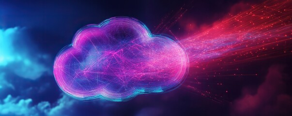 Wall Mural - Abstract Cloud with Neon Lines and Data Flow