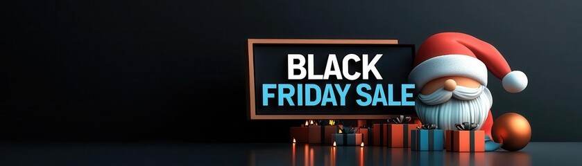 Wall Mural - BLACK FRIDAY SALE sign with a Santa hat and Christmas lights, holiday discount extravaganza, 3D illustration