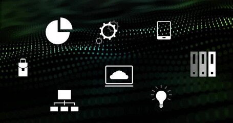 Poster - Technology icons animation over digital green and black dotted background