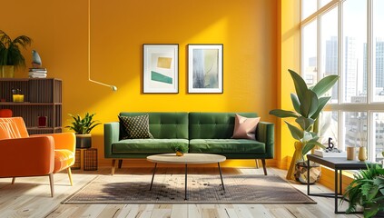 Wall Mural - A modern living room with yellow walls, a green sofa and an orange armchair. The interior design features contemporary furniture against a wall showing a cityscape through large windows. 