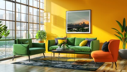 Wall Mural - A modern living room with yellow walls, a green sofa and an orange armchair. The interior design features contemporary furniture against a wall showing a cityscape through large windows. 