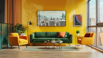 Wall Mural - A modern living room with yellow walls, a green sofa and an orange armchair. The interior design features contemporary furniture against a wall showing a cityscape through large windows. 