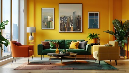 Wall Mural - A modern living room with yellow walls, a green sofa and an orange armchair. The interior design features contemporary furniture against a wall showing a cityscape through large windows. 