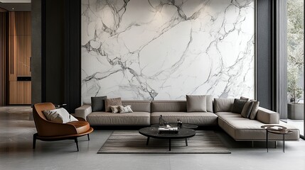 Modern living room featuring a marbling, decorated wall, creating a sophisticated backdrop with intricate patterns.