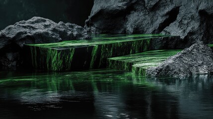 Liquid emerald draping over sleek black rocks, with soft light reflections enhancing the tranquil, opulent atmosphere.