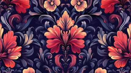 A dark navy blue background with floral design and bright red, orange and white stylized flowers and leaves.