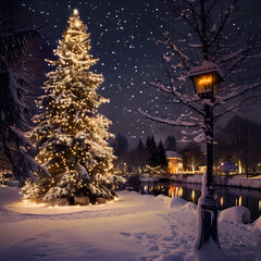 Wall Mural - Huge christmas tree illuminating a snowy park at night with a street lamp in the foreground