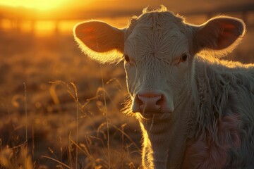 Wall Mural - A close-up shot of a cow in a field during sunset, suitable for rural or agricultural themes