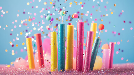 Wall Mural - a cheerful scene featuring a burst of glitter and party poppers. - event decoration background, high
