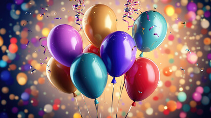 Wall Mural - a celebratory scene with colorful balloons and party poppers. - event decoration background, detaile