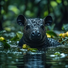 Wall Mural - A close-up of a tapir in a lush, watery environment.