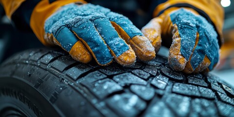 A professional mechanic in gloves changes a tire on the background of an automobile workshop