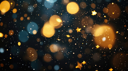 Wall Mural - gold sparkling lights festive background with texture. abstract twinkled bright bokeh defocused and falling stars. winter card or invitation, detailed and intricate image
