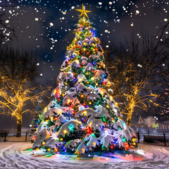 Wall Mural - Large christmas tree covered in snow with colorful lights glowing at night