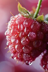 Wall Mural - Freshly picked raspberry glistening with water droplets in a lush garden during morning light