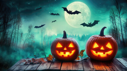 two glowing jack-o-lanterns on wooden surface with eerie forest, full moon, and bats flying in background on halloween night, highly detailed image