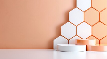 White and Light Orange Product Podium Featuring Hexagon Backdrop and Copyspace