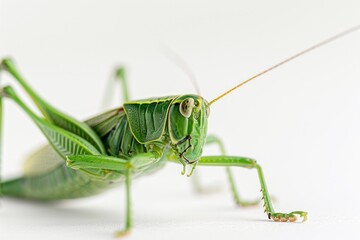 Wall Mural - A close-up shot of a grasshopper on a white surface, ideal for scientific or educational purposes