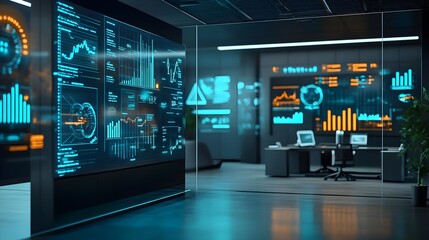 Wall Mural - Modern Office with Futuristic Data Analytics Display