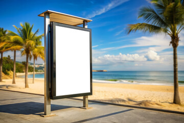 Blank Billboard On Beach With Palm Trees, Mockup, Advertising