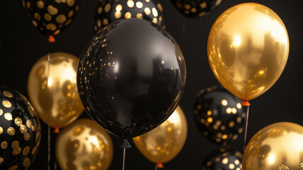 Wall Mural - a black and gold balloon display with a black background, detailed high resolution photo