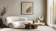 © Village - Interior design of modern living room with accent white armchair and frame on wall,White sofa and accent coffee table against arch wall,japandi interior design of modern living room, Minimalist, Ai