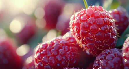 Wall Mural - Freshly harvested raspberries glistening in sunlight on a wooden surface in summer