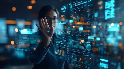 Wall Mural - Woman Interacting with Futuristic Data Interface