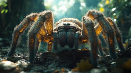 Wall Mural - A detailed close-up of a large spider in a lush forest environment.