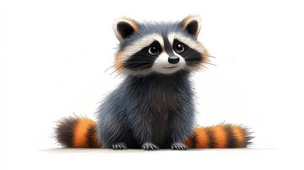 Curious Raccoon: A charming, fluffy raccoon with inquisitive eyes sits patiently, its iconic bandit mask and striped tail on full display in this adorable digital illustration. 