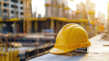 Yellow hard hat on construction site.