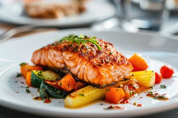 Wall Mural - Fresh salmon fillet served with colorful vegetables on a clean white plate, ideal for food blogging or recipe presentation