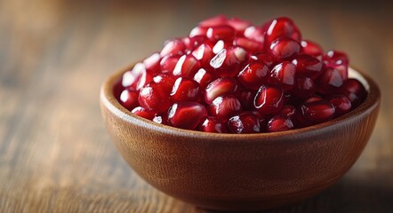 Wall Mural - Fresh pomegranate seeds in a wooden bowl on a rustic table setting