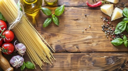 A wooden table with a variety of food items including pasta, tomatoes, basil