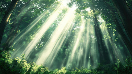 Wall Mural - a forest with sunlight shining through the trees. anime background, detailed hyper realistic image