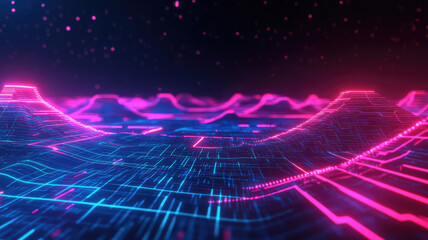 Wall Mural - futuristic digital landscape background with neon grids, dark contrasts, and textured circuitry. the