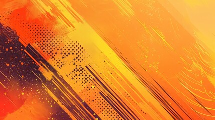 Abstract digital art with diagonal yellow lines, scattered dots, and textured details on a yellow, orange and brown background.