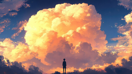 Wall Mural - a large cloud in the sky with a person in the background. anime cloud background, highly detailed image