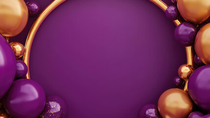 Wall Mural - 3d render of purple and golden abstract balloons background with round arch, detailed high resolutio